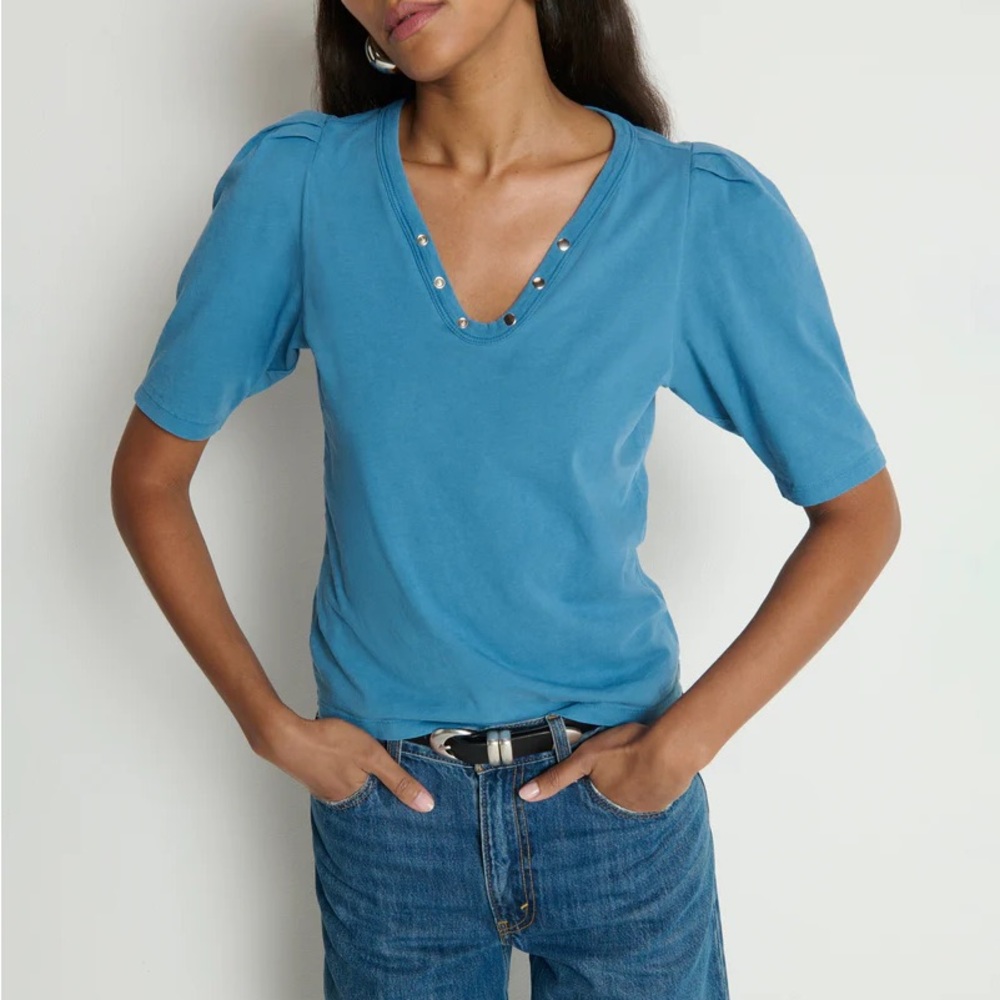 NATION LTD- NAHAL TOP Blue Puff-Sleeve Crewneck Top